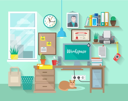 Student or businessman workplace in room with desk computer bookshelf poster vector illustration