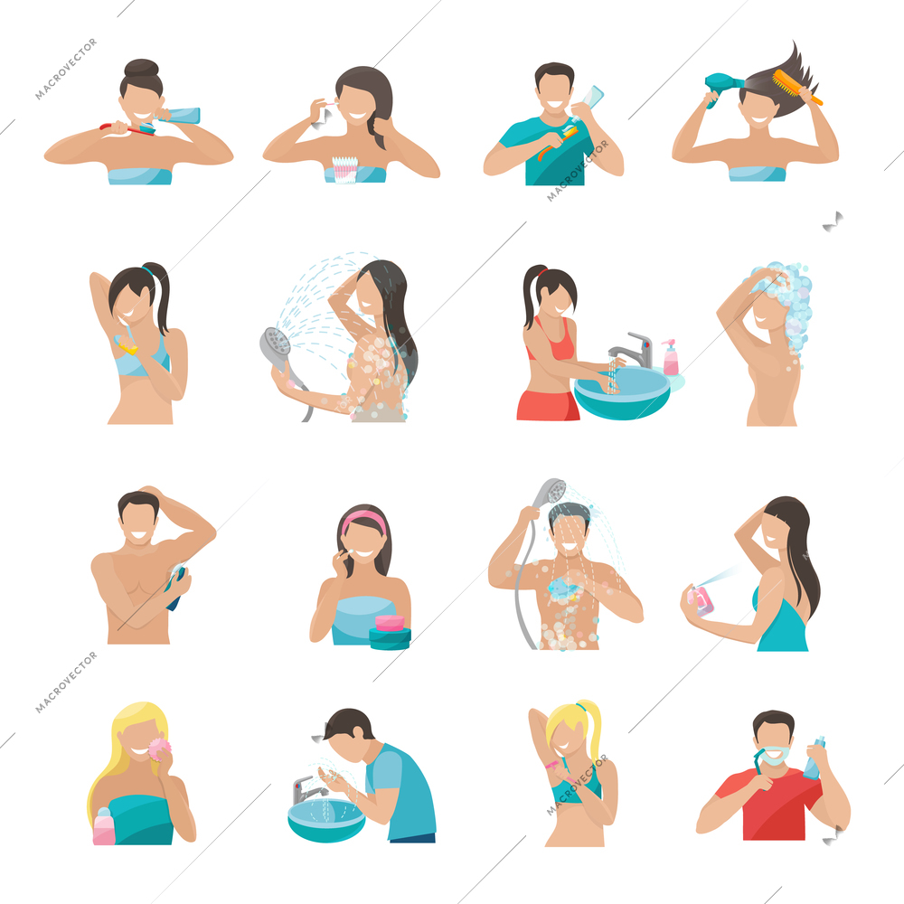 Hygiene icons flat set with people brushing teeth washing face and taking shower isolated vector illustration