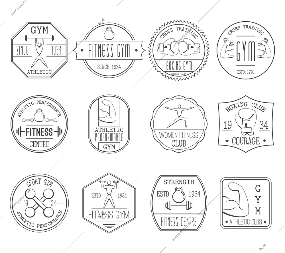 Fitness and sports athletic centre black white logo set flat isolated vector illustration