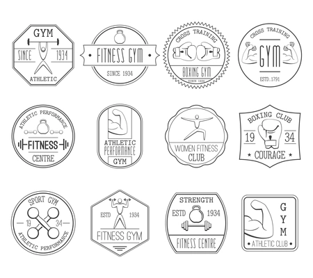 Fitness and sports athletic centre black white logo set flat isolated vector illustration