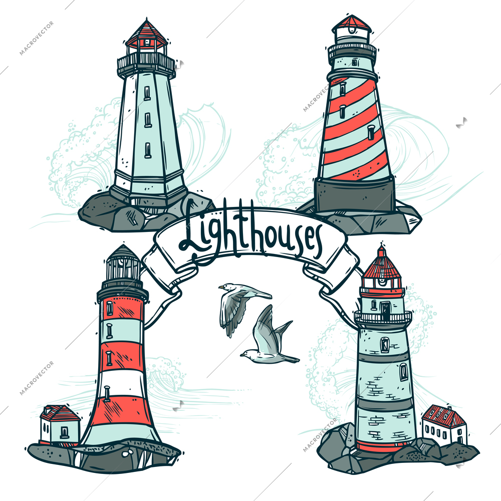 Lighthouse sketch set with seagulls and sea waves on background vector illustration