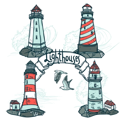 Lighthouse sketch set with seagulls and sea waves on background vector illustration