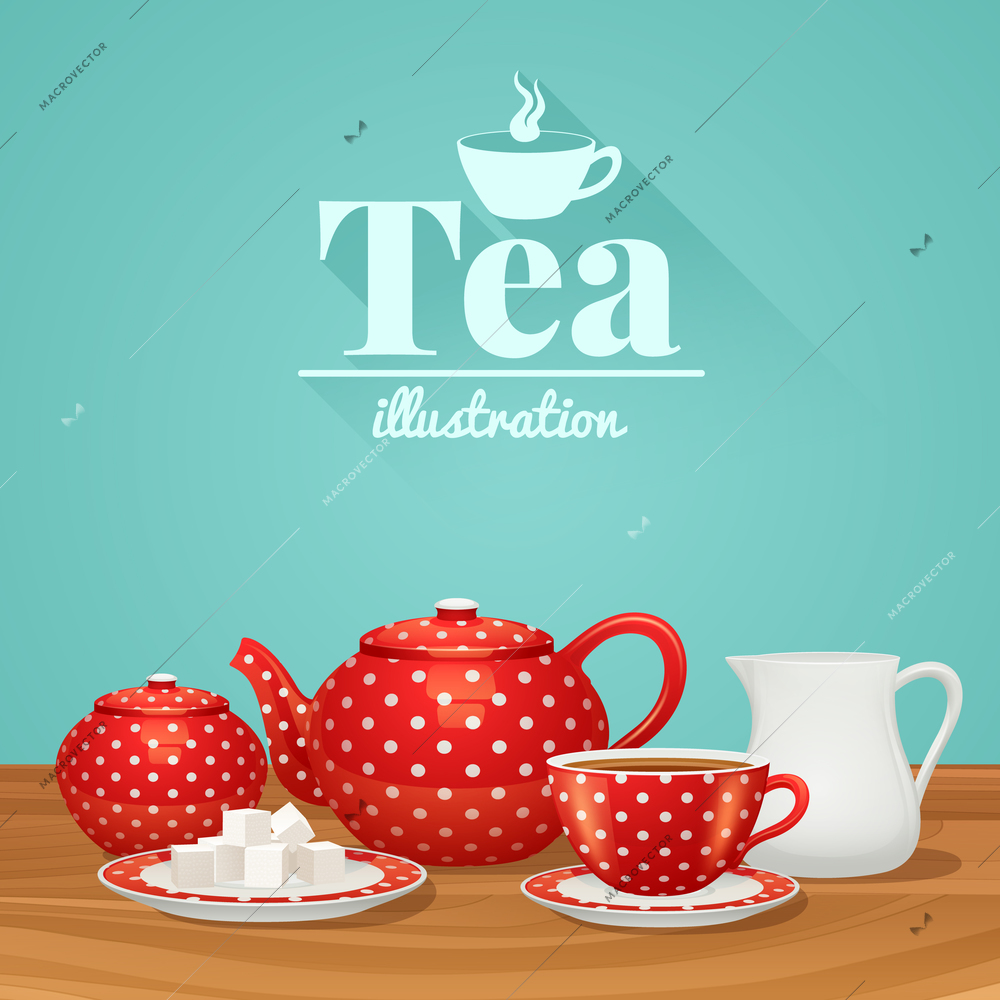 Red polka dot tea pottery set with teapot cup saucer vector illustration