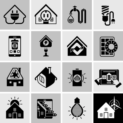 Energy efficiency house power supply system icons black set isolated vector illustration