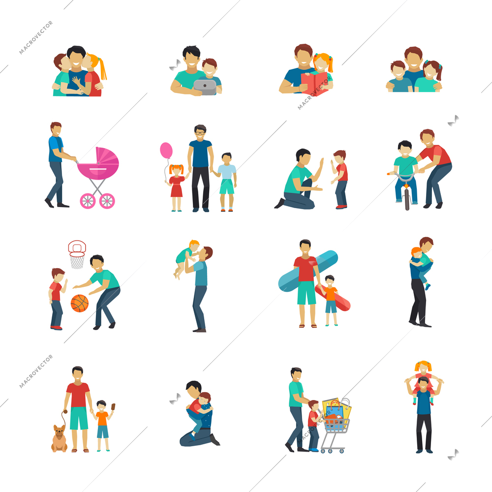 Fatherhood flat icons set with father playing with children isolated vector illustration