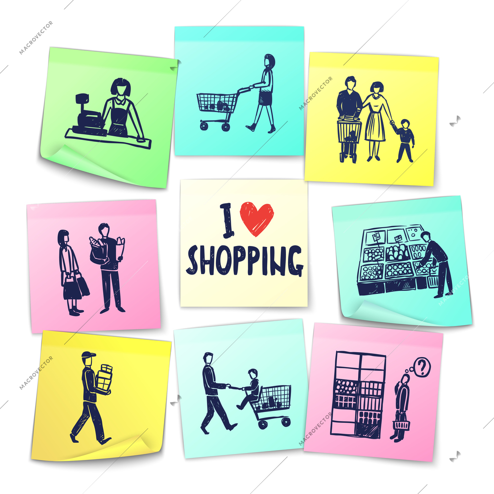 Sticker note style supermarket cards with cashier shopping cart counter delivery man grocery and happy family vector illustration