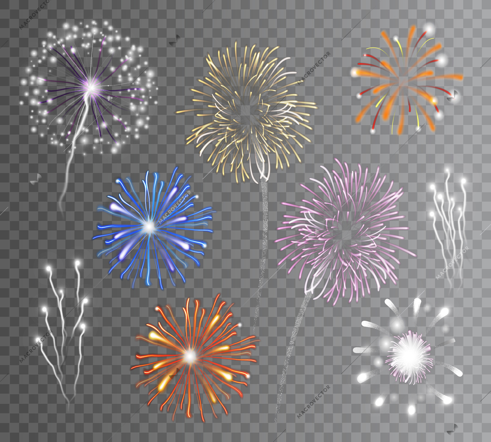 Realistic carnival multicolored firework explodes on transparent background isolated vector illustration