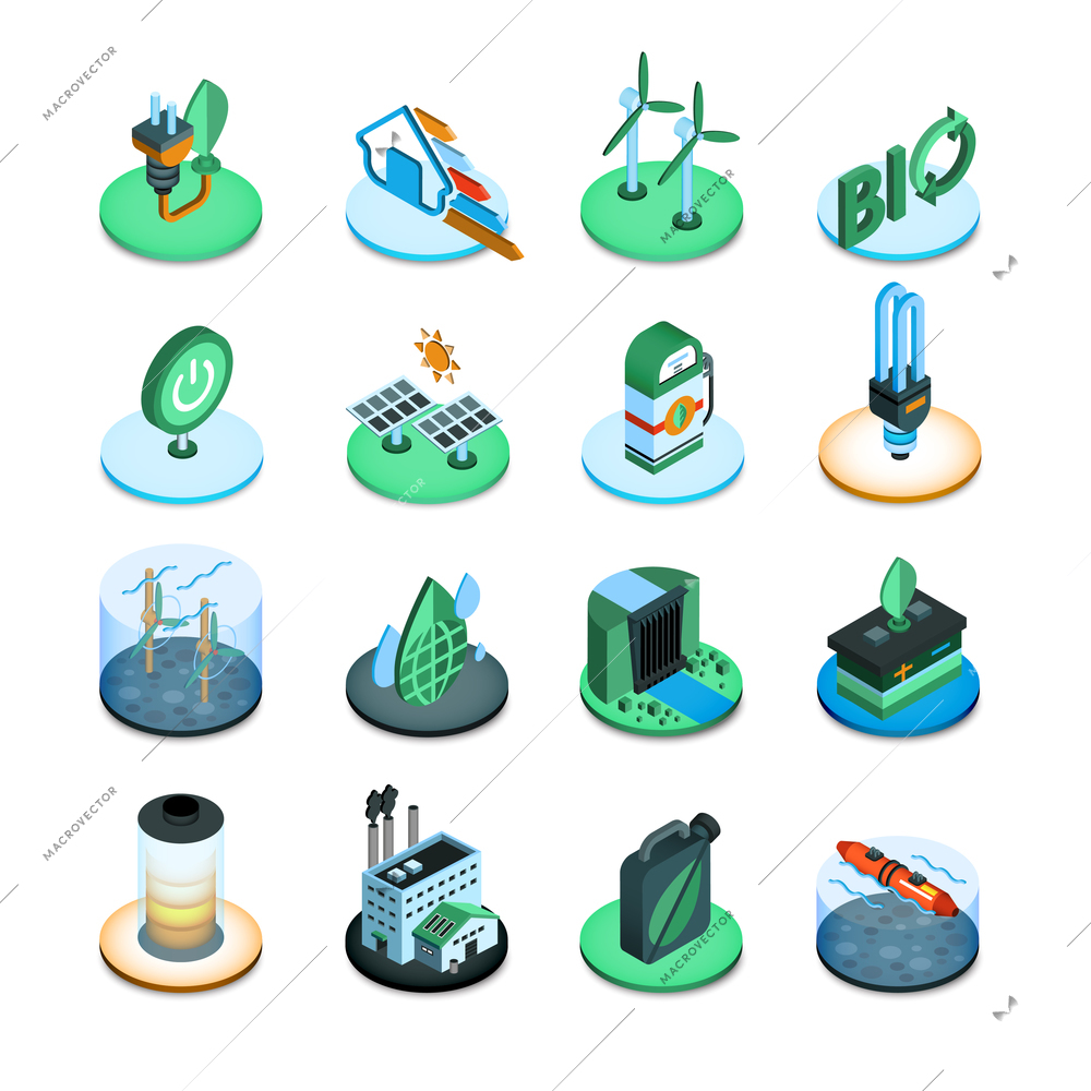 Green energy ecologic power resources isometric icons set isolated vector illustration