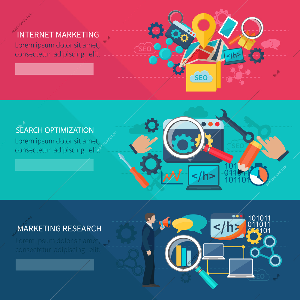 Seo marketing banner set with internet search optimization elements isolated vector illustration