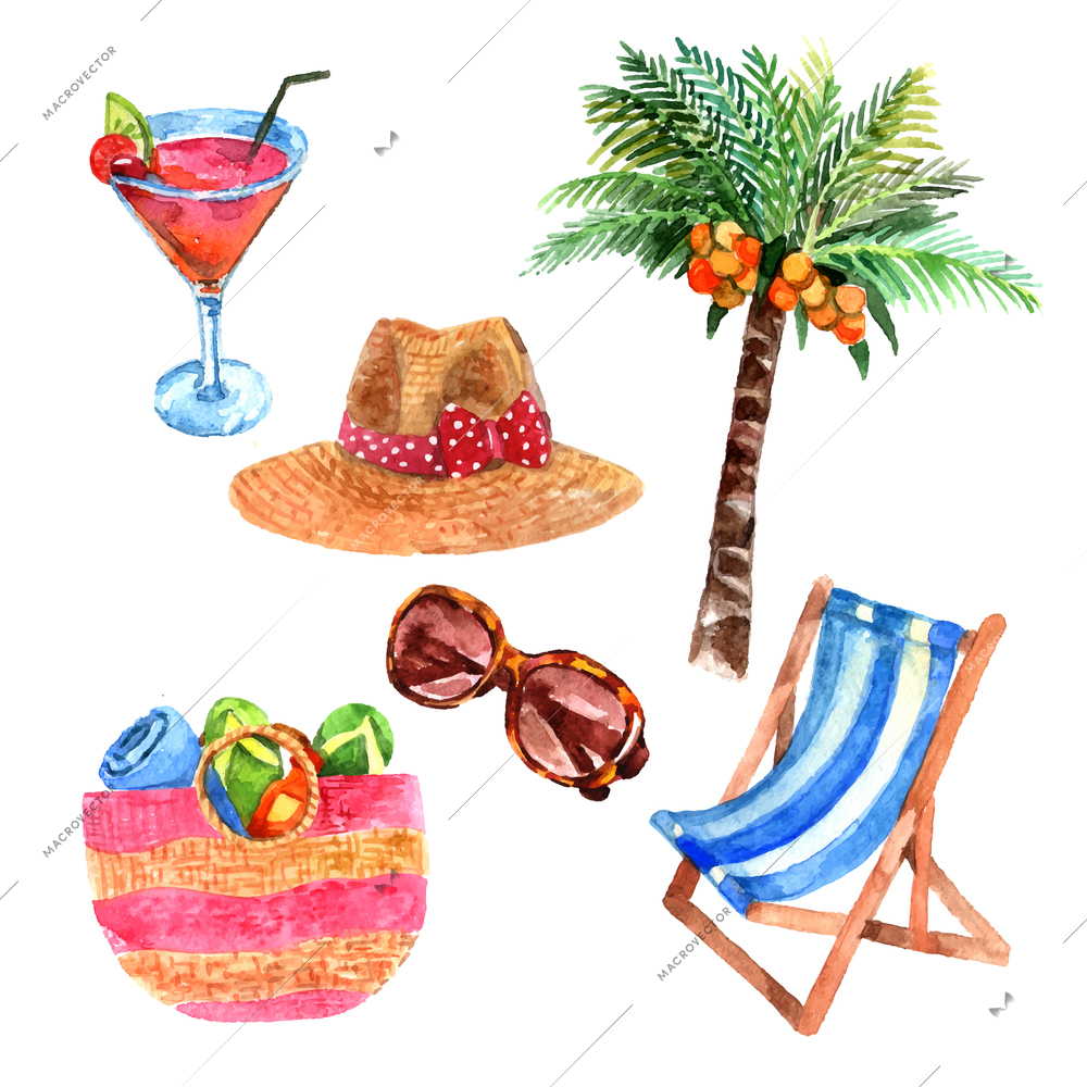 Tropical island  vacation  travel  watercolor icons set with coconut palm and  straw sunhat abstract vector isolated illustration