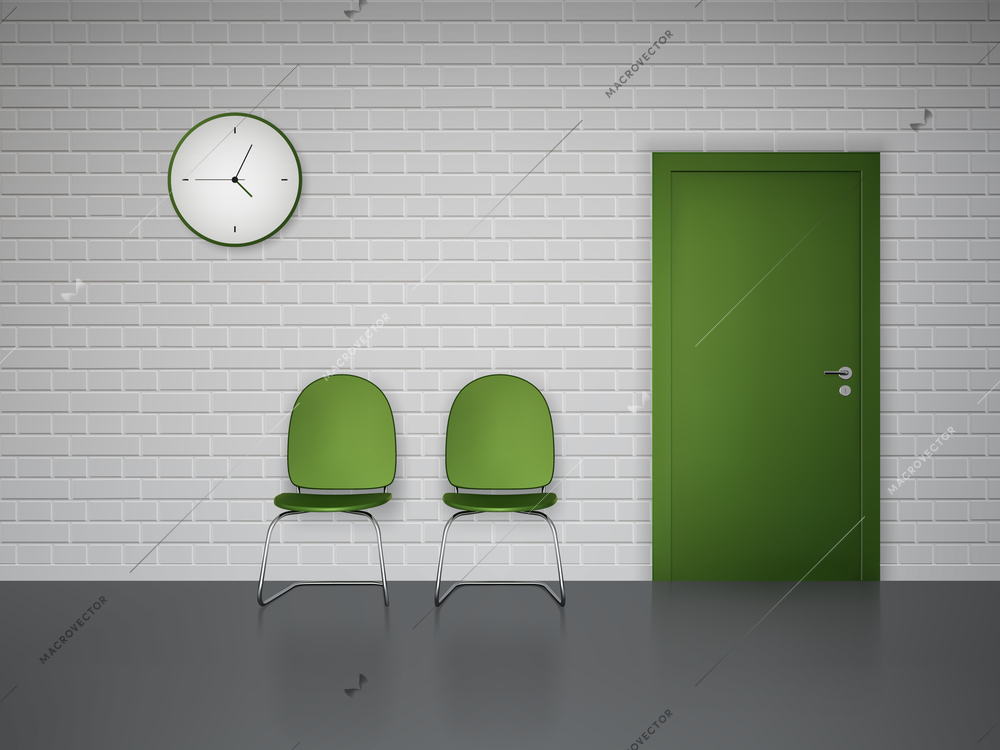 Waiting room interior with wall clock green chairs and door vector illustration