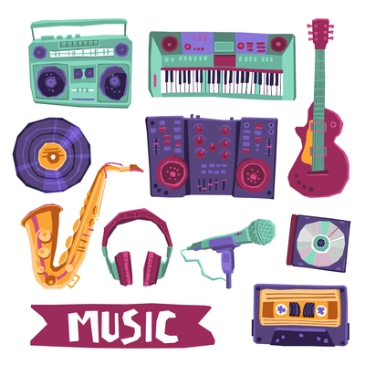 Music icon set with instruments and audio equipment isolated vector illustration