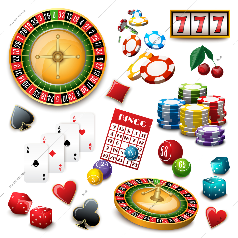 Casino popular gambling online games symbols composition poster with roulette cards deck and bingo abstract vector illustration