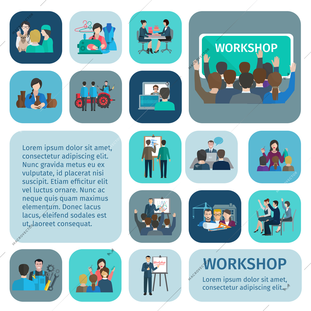 Workshop flat icons set with businessmen and workers teamwork symbols isolated vector illustration