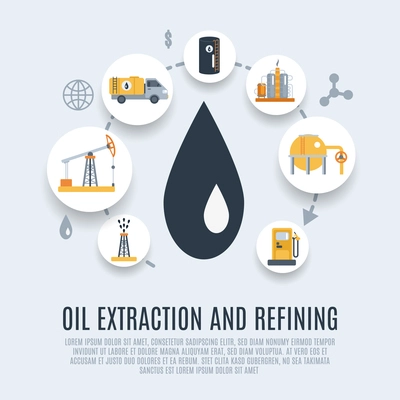 Oil industry concept with fuel product processing symbols flat icon set vector illustration