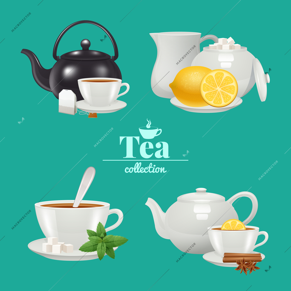 Tea design set with white porcelain service objects isolated vector illustration