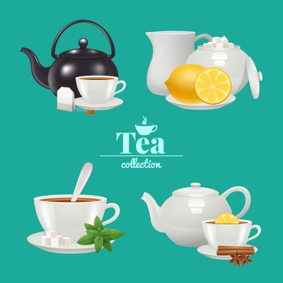 Tea design set with white porcelain service objects isolated vector illustration