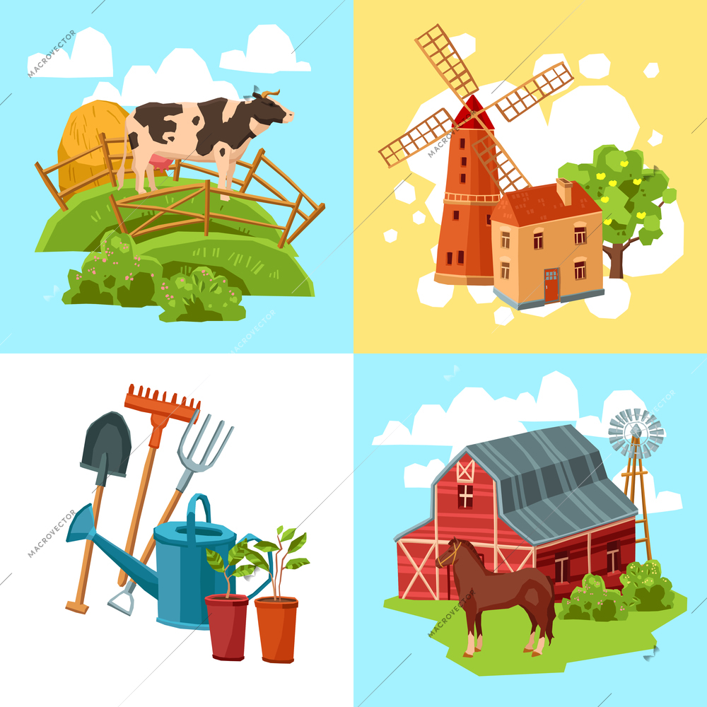 Farm design flat concept set with cow and haystack windmill and tree horse and barn and garden tools isolated  vector illustration