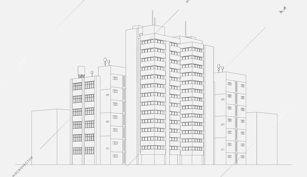 City architecture apartment building block with tower and skyscraper linear sketch vector illustration