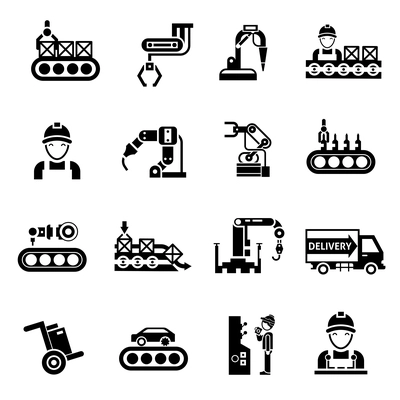 Production line product manufacturing and quality control icons black set isolated vector illustration