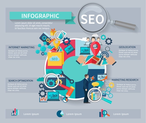 Seo marketing infographics set with internet search website search optimization symbols and charts vector illustration