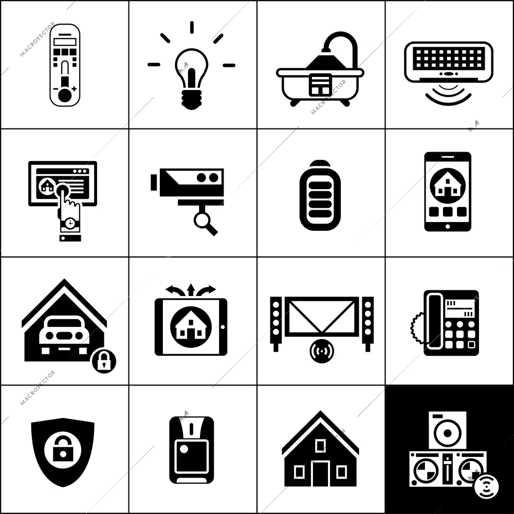 Smart house computer electronic home control icons black set isolated vector illustration