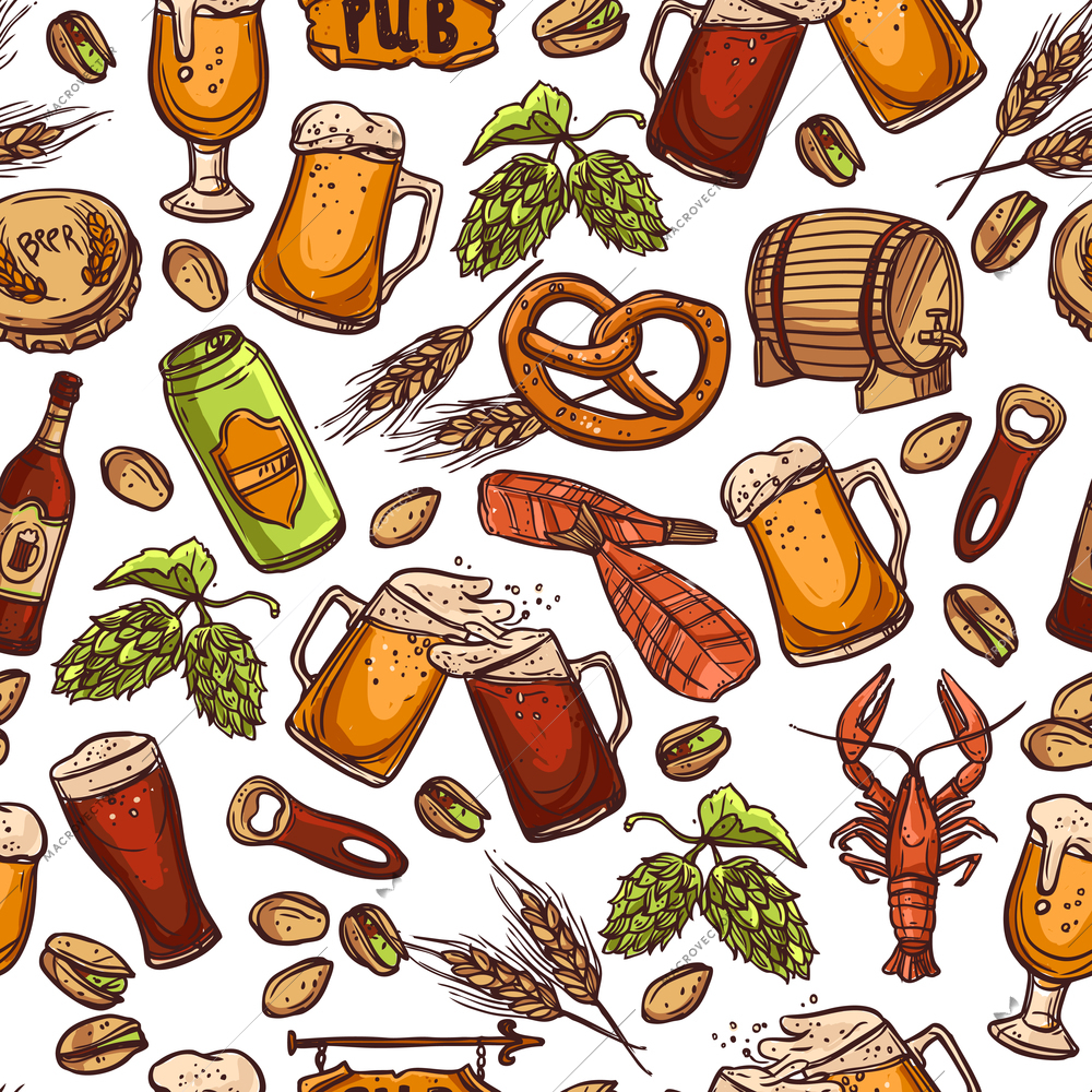 Beer seamless pattern with hand drawn drink elements vector illustration