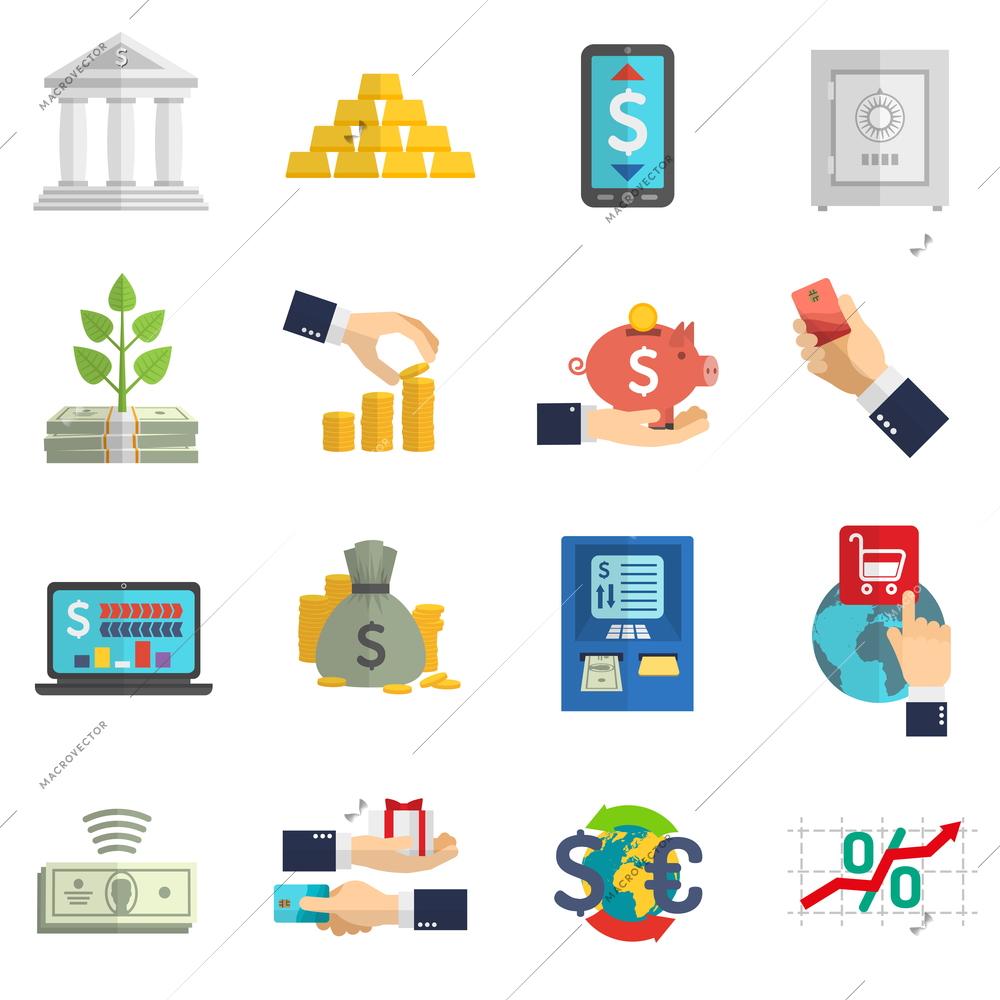 Banking system business currency cash icons set on white background isolated flat vector illustration