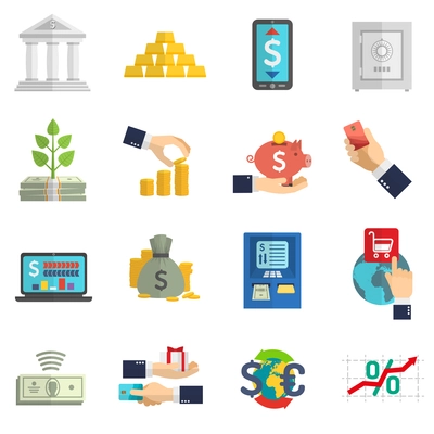 Banking system business currency cash icons set on white background isolated flat vector illustration