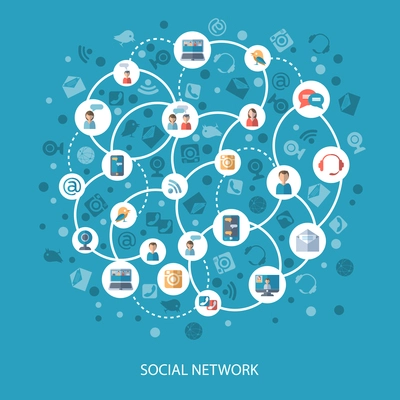 Social networks and communication connecting people online concept on blue background flat vector illustration