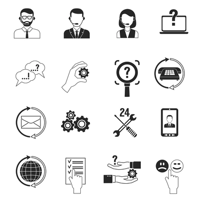 Support icons black set customer question answer service isolated vector illustration