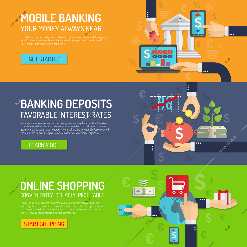 Banking banner horizontal set with mobile deposit and online shopping elements isolated vector illustration
