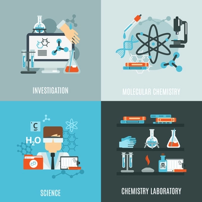 Chemistry science design concept with investigation laboratory flat icons isolated vector illustration