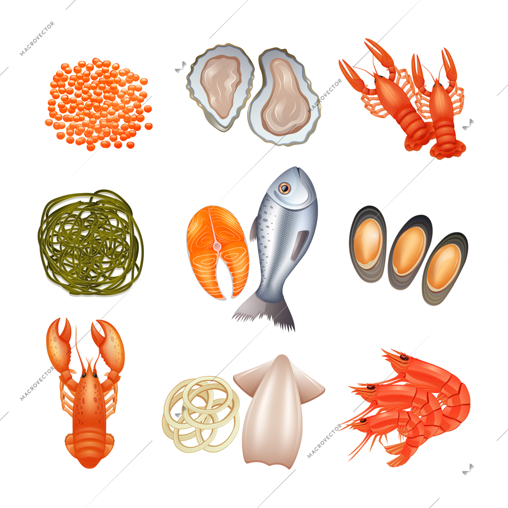 Seafood decorative icons set with caviar lobster fish seaweed isolated vector illustration