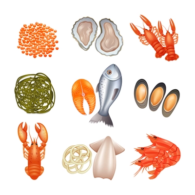 Seafood decorative icons set with caviar lobster fish seaweed isolated vector illustration