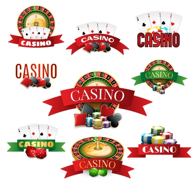 Casino with cards roulette chips and dice emblems set realistic shadow isolated vector illustration