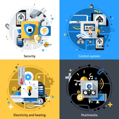 Smart house design concept set with security electricity heating and multimedia control system flat icons isolated vector illustration