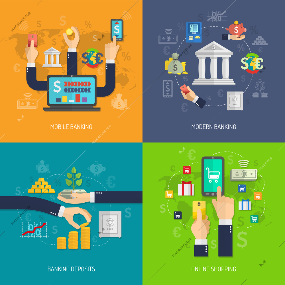 Banking design concept set with mobile deposit and online shopping flat icons isolated vector illustration