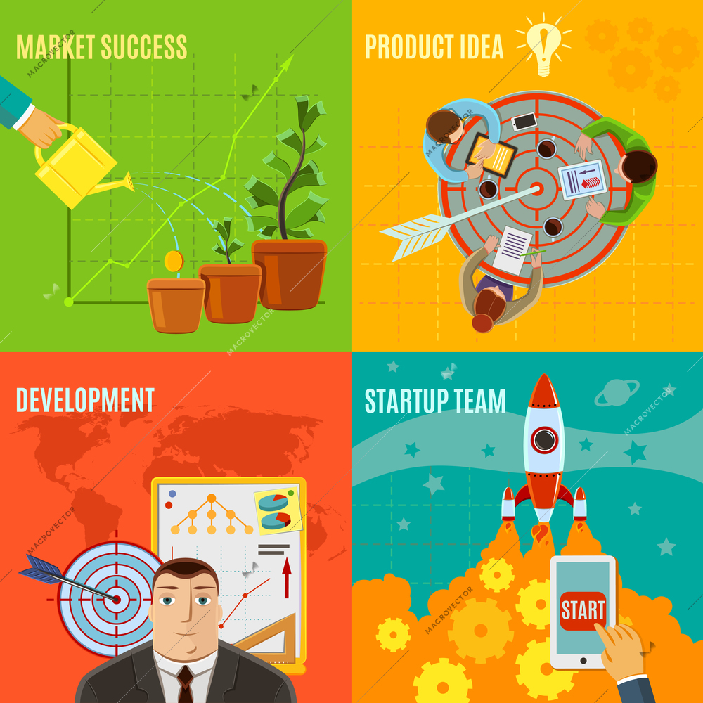 Startup design concept set with market success product idea development team flat icons isolated vector illustration