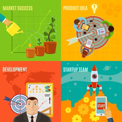 Startup design concept set with market success product idea development team flat icons isolated vector illustration