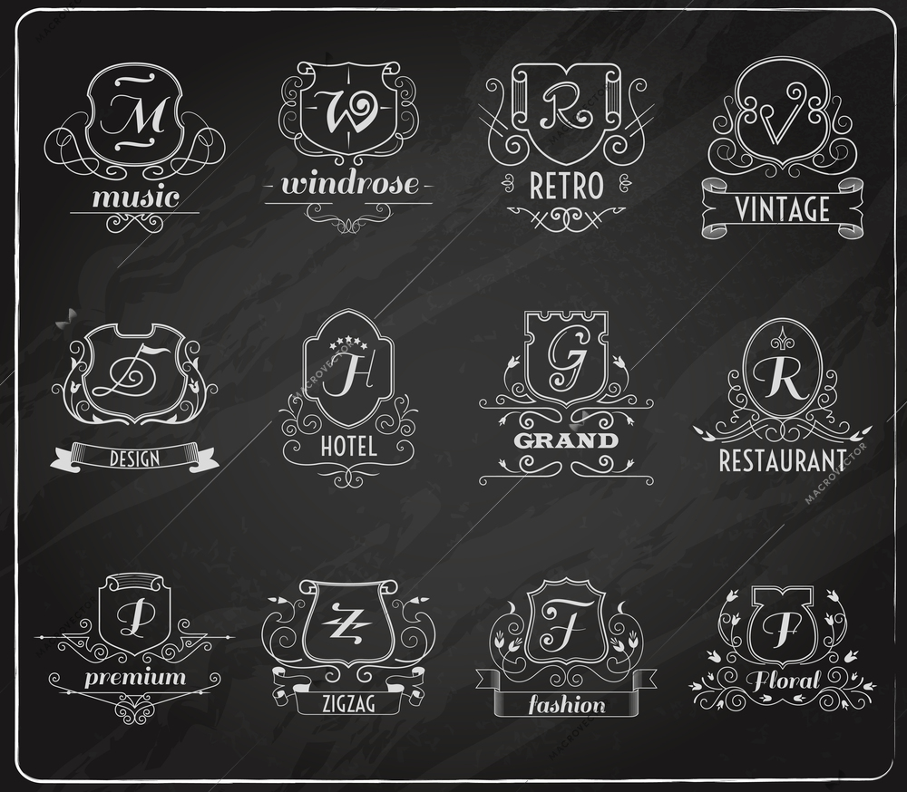 Monogram shields chalkboard premium design set flat isolated vector illustration