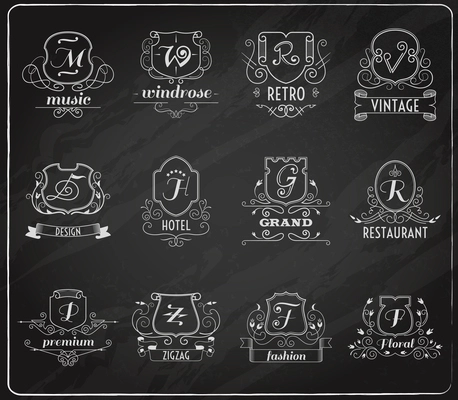 Monogram shields chalkboard premium design set flat isolated vector illustration