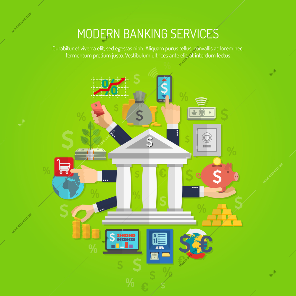 Banking service concept with human hands and flat finance icons vector illustration