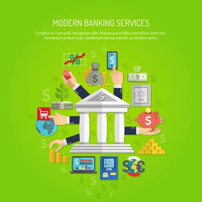 Banking service concept with human hands and flat finance icons vector illustration