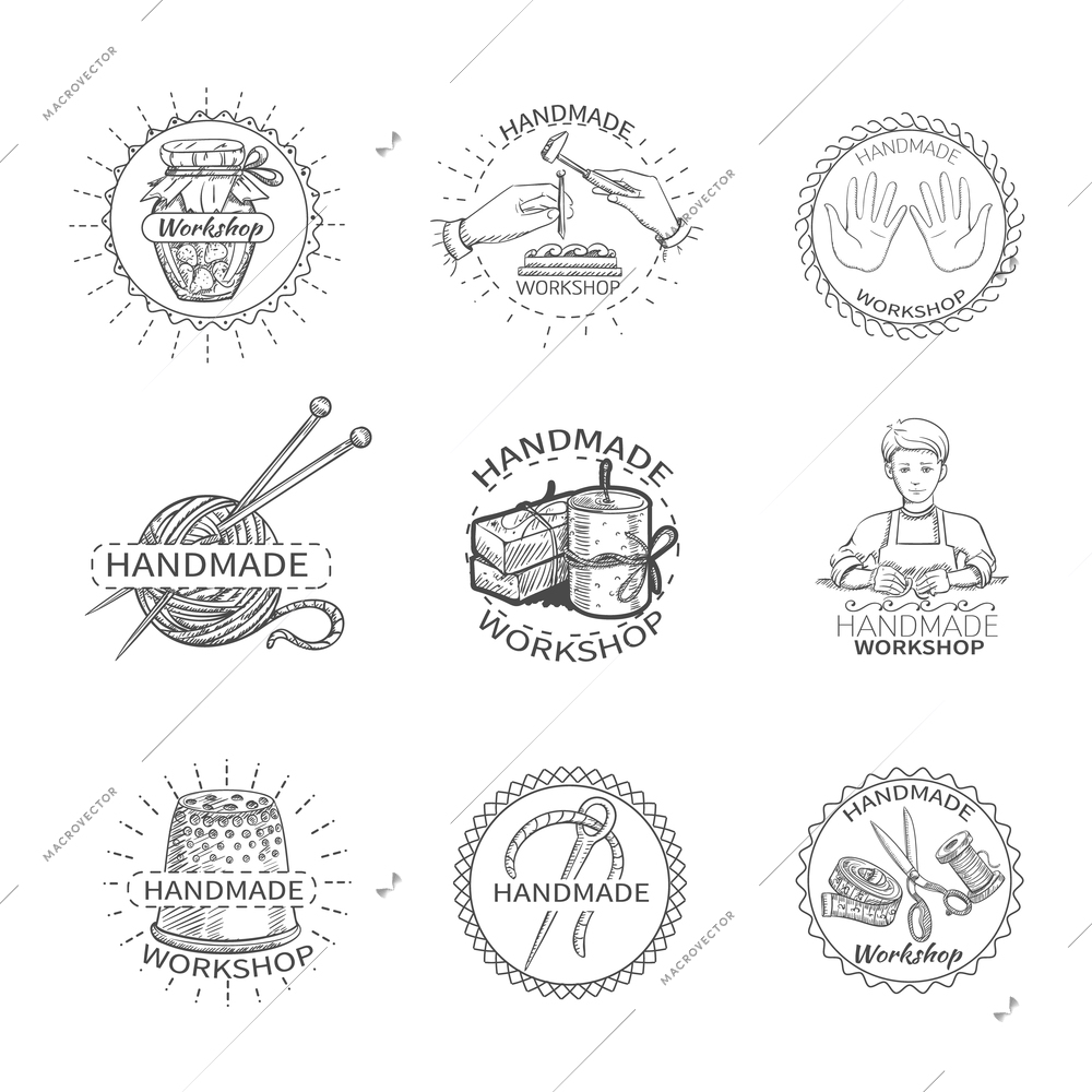 Sketch handmade workshop premium quality needlework label set isolated vector illustration