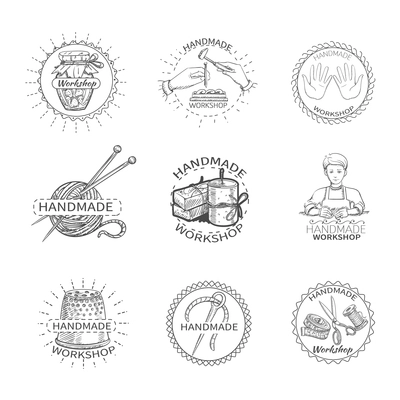 Sketch handmade workshop premium quality needlework label set isolated vector illustration