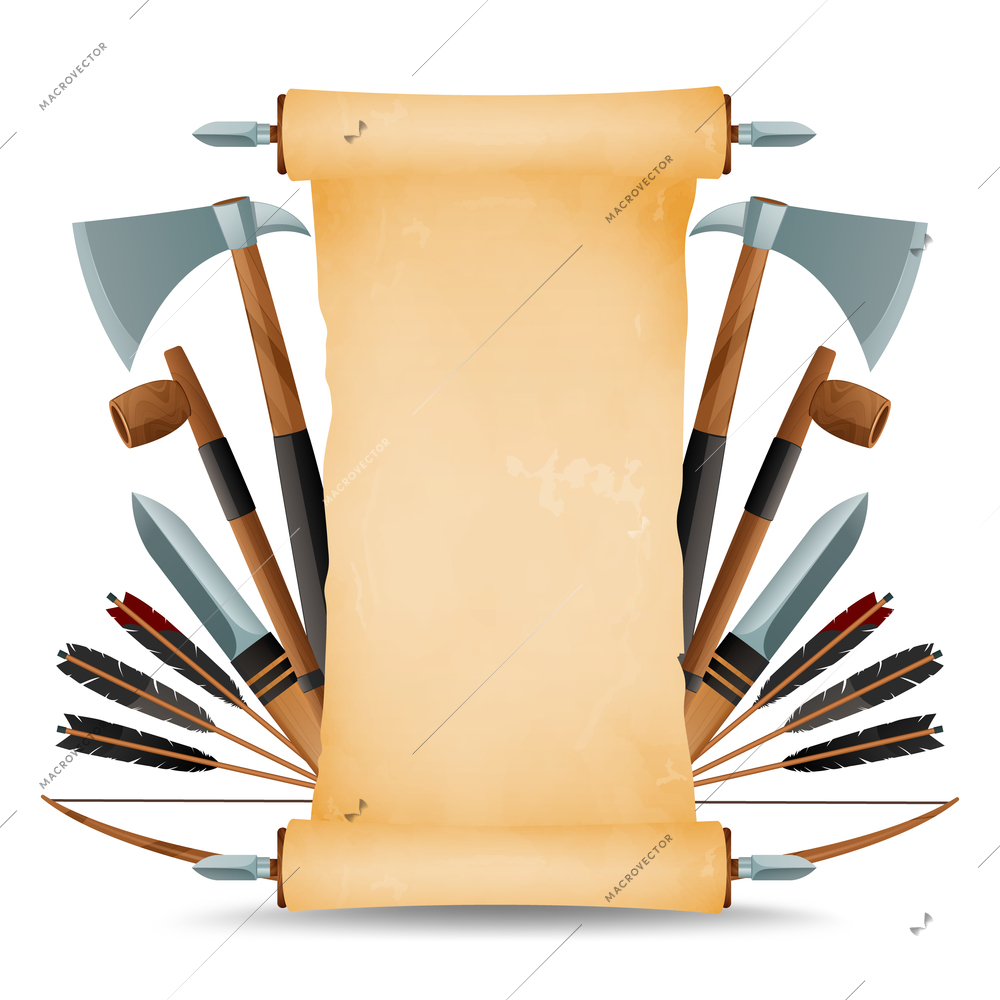 Symbolic ancient native americal indian tribe blank parchment scroll on holder decorated with weapon abstract vector illustration