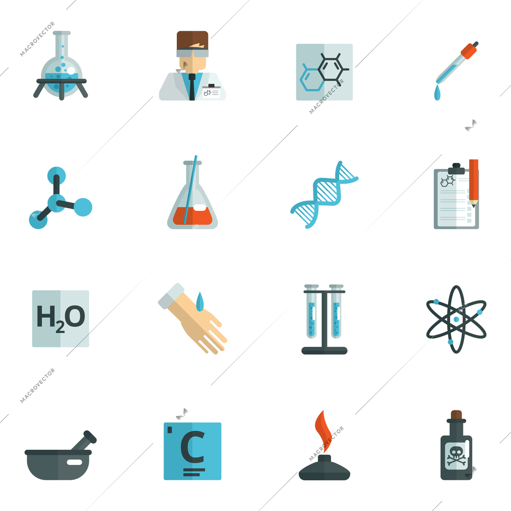 Chemistry science and research icons flat set isolated vector illustration