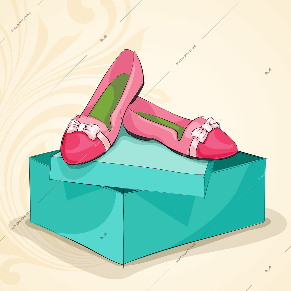 Glamour woman's pink ballet flats on blue present box vector illustration