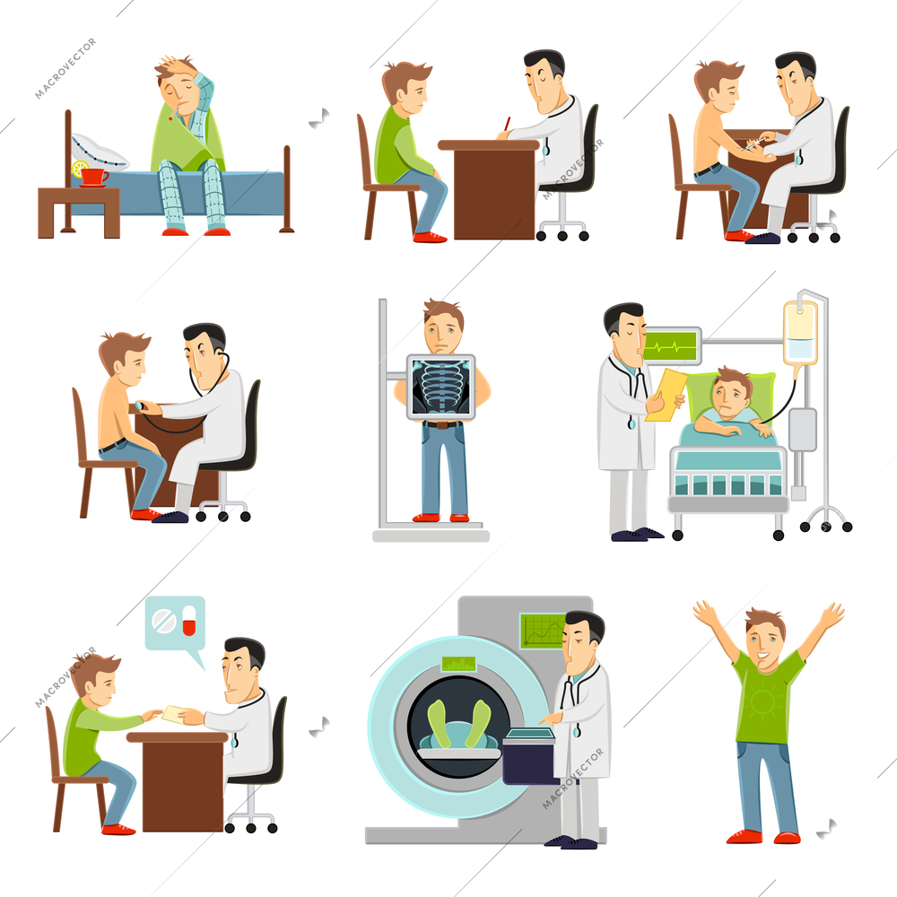 consulting practitioner doctor and patient in hospital set flat decorative icons isolated vector illustration